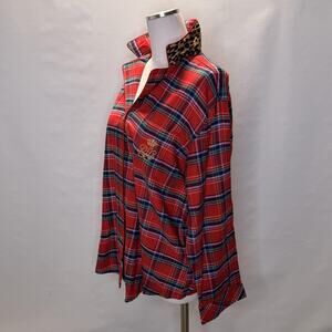 Lauren Ralph Lauren Pajama Shirt Womens XL Red Plaid Leopard Collar Sleep Top